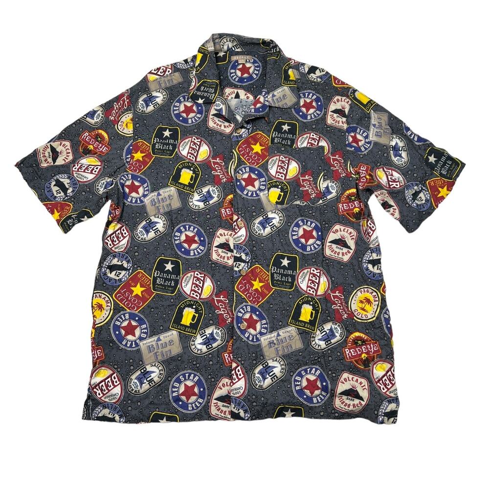 George Beer Logo AOP Button Up Short Sleeve Casual Shirt Grey Mens Large